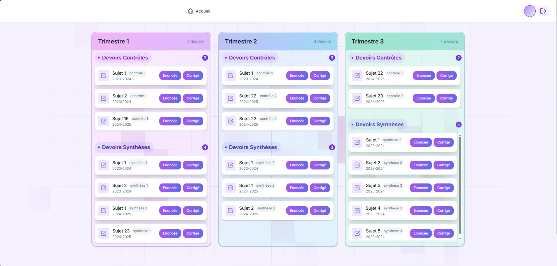 Plateforme d'examens : liste des sujets d'une matière, répartis sur trois trimestres avec devoirs de contrôle et de synthèse