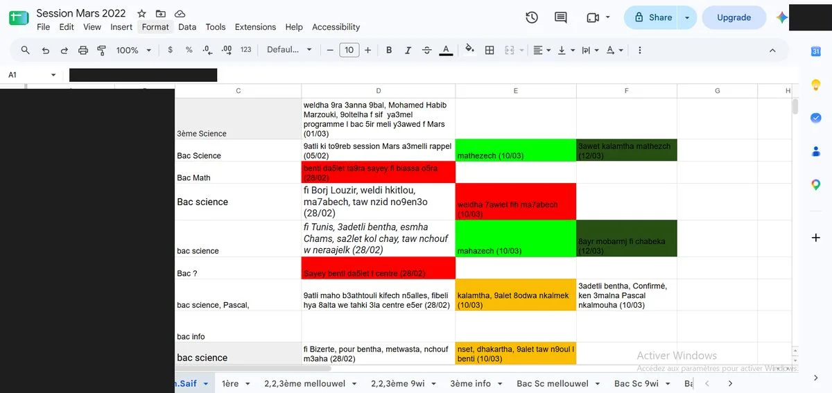 Google Sheet avec des notes clients non structurées avant la mise en place du CRM