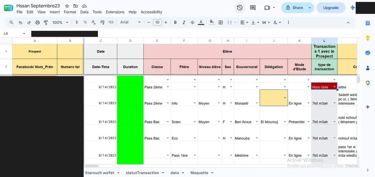 Google Sheets avec colonnes prospect, téléphone, classe et date, un fichier par session