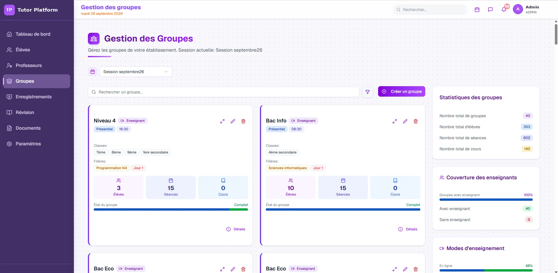 Écran de gestion des groupes avec cours, plannings et répartition des professeurs