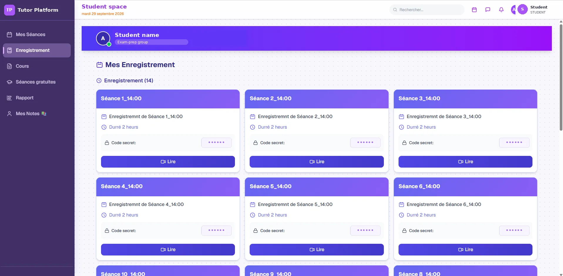 Page des enregistrements élève listant chaque cours passé, prêt à être revu
